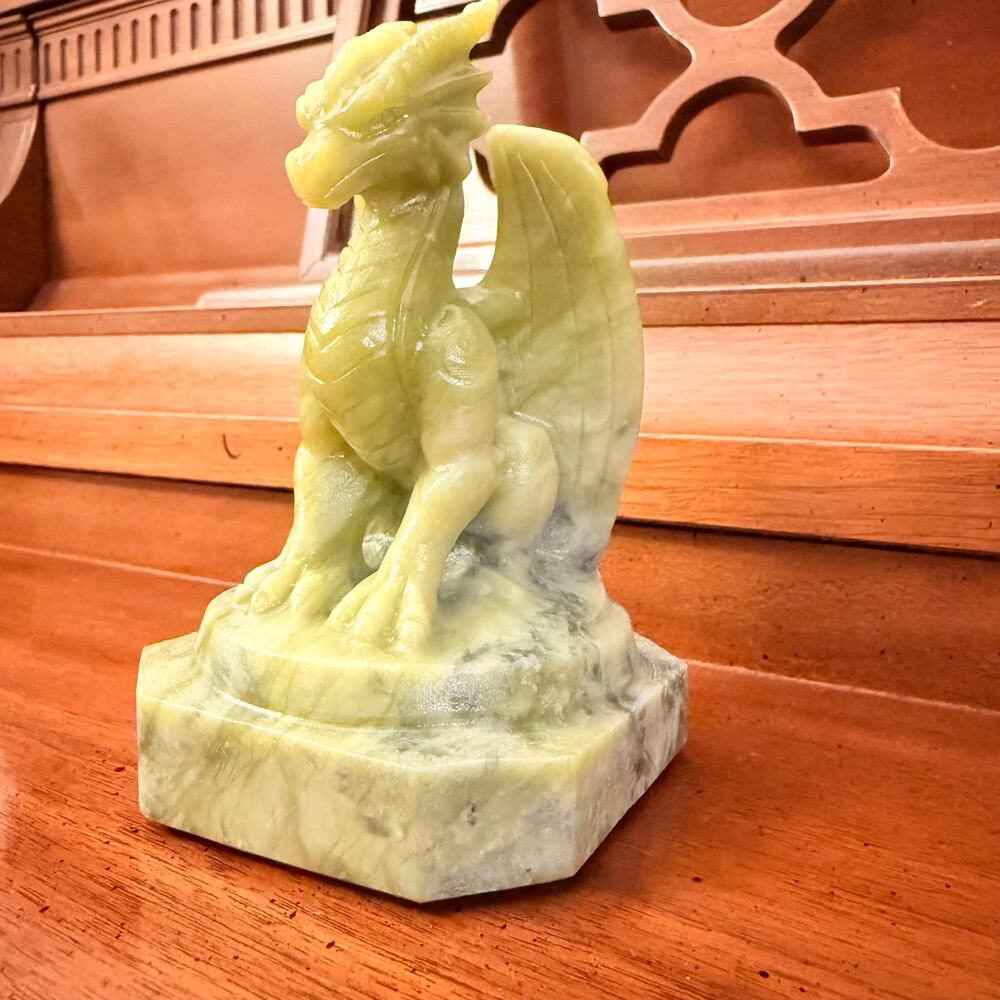 Hand Carved Green Stone Winged Dragon Figurine 5” Fantasy Sculpture